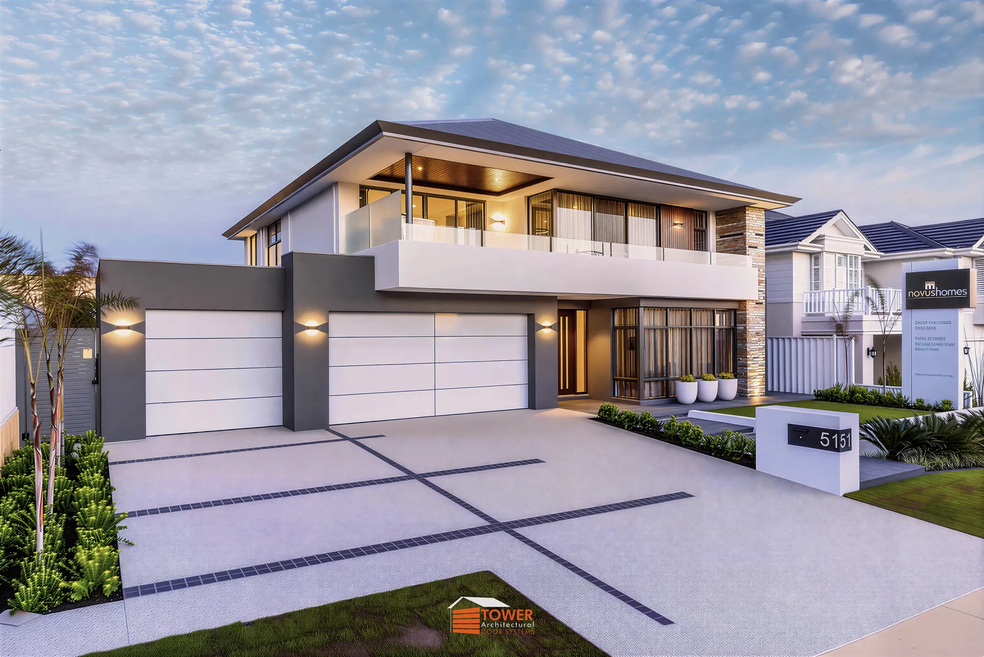 Architectural Range — TowerBond Series Location: Perth Builder: Novus Homes Style Profile: A sleek and luxurious façade featuring dual TowerBond composite doors finished in crisp architectural white.