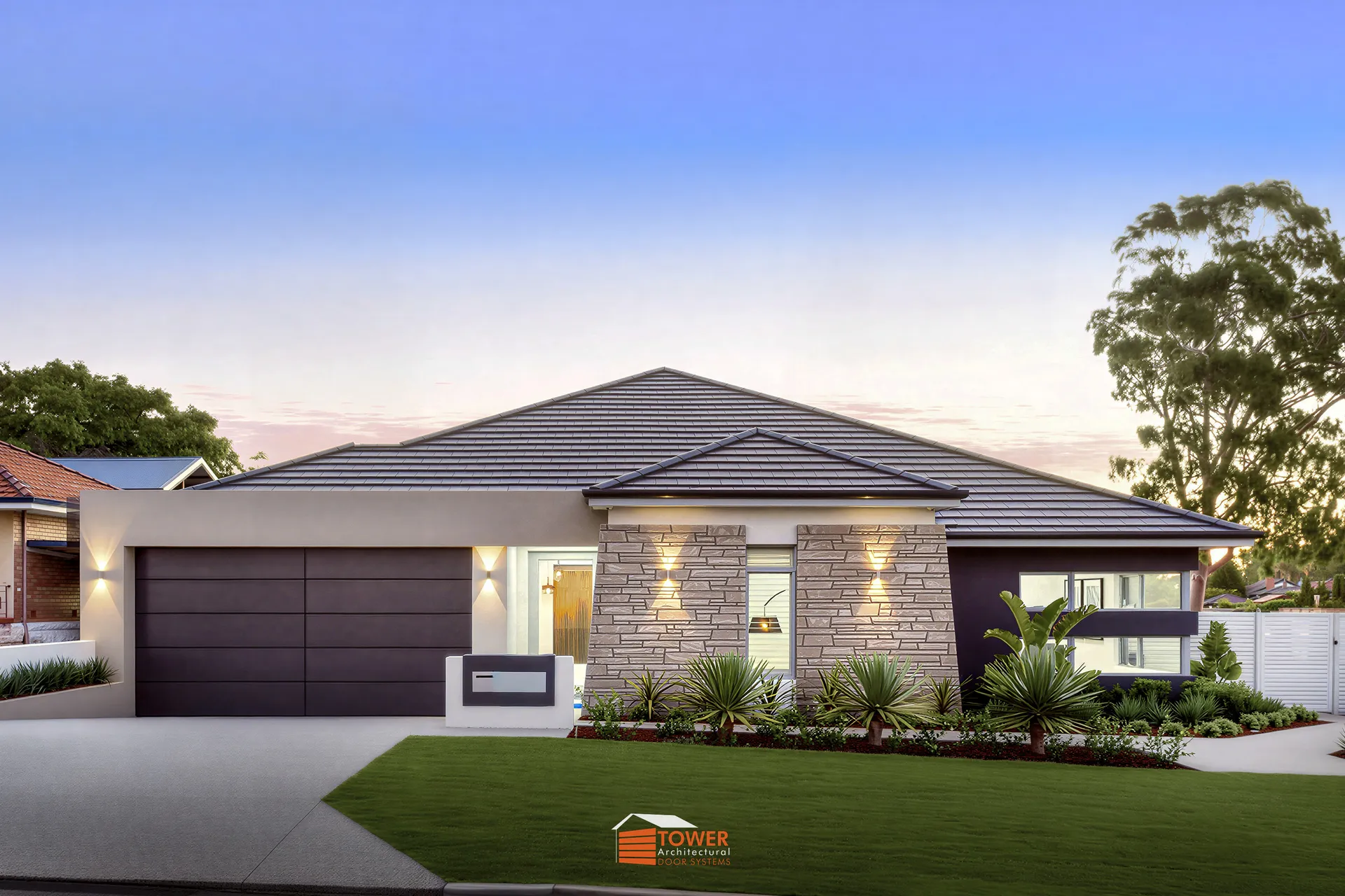 Architectural Range — TowerBond Series Location: Perth Builder: --- Ross North Style Profile: A striking and contemporary façade defined by a Behind Fit TowerBond composite door in Onyx Black .